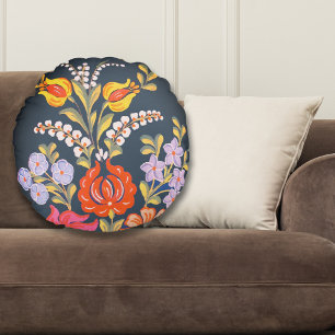 hungarian flowers -vibrant colours round cushion