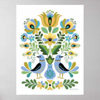 Hungarian Folk Art Birds in Blue and Gold Poster