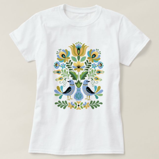 Hungarian Folk Art Birds in Blue and Gold T-Shirt (Design Front)