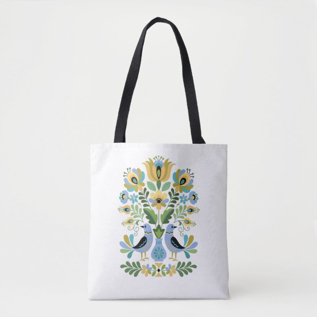 Hungarian Folk Art Birds in Blue and Gold Tote Bag (Front)
