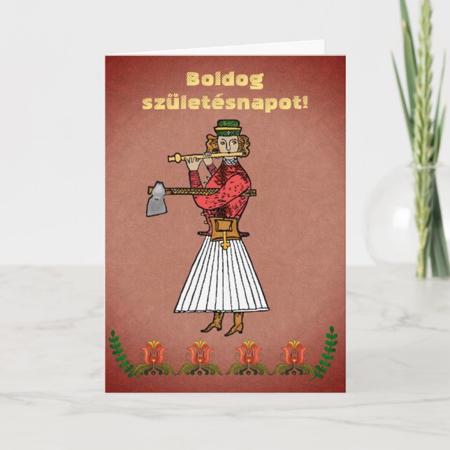 Hungarian Folk Art Woodsman Happy Birthday Card (Front)