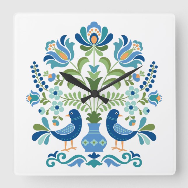 Hungarian Folk Design Birds Square Wall Clock (Front)