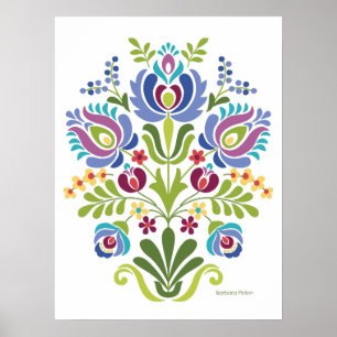 Hungarian Folk Design Blue and Purple Flowers Poster