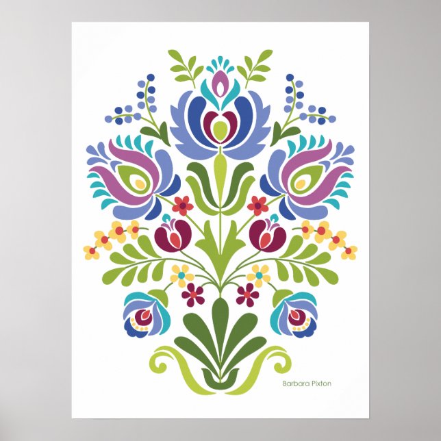 Hungarian Folk Design Blue and Purple Flowers Poster (Front)