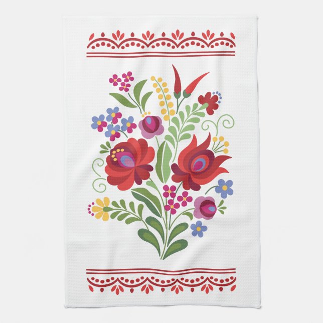 Hungarian Folk Design Red Peppers Tea Towel (Vertical)