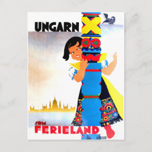 Hungarian girl behind the pillar, vintage travel postcard
