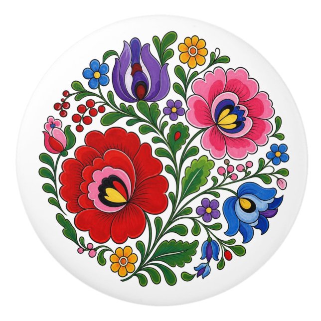Hungarian Kalocsa Bright Florals Folk Ceramic Knob (Front)