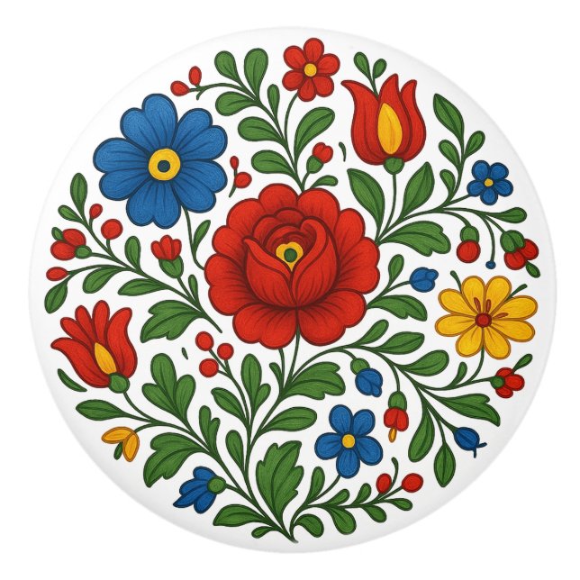 Hungarian Kalocsa Floral Folk Art Ceramic Knob (Front)