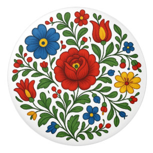 Hungarian Kalocsa Floral Folk Art Ceramic Knob