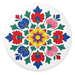 Hungarian Kalocsa Floral Folk Art Ceramic Knob