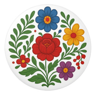 Hungarian Kalocsa Floral Folk Art Ceramic Knob