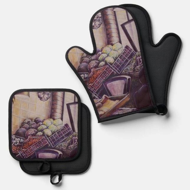 Hungarian Market Place, Budapest Oven Mitt & Pot Holder Set (Front/Back)