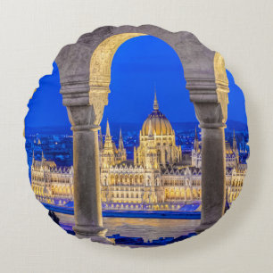 Hungarian Parliament Building at Dusk Round Cushion