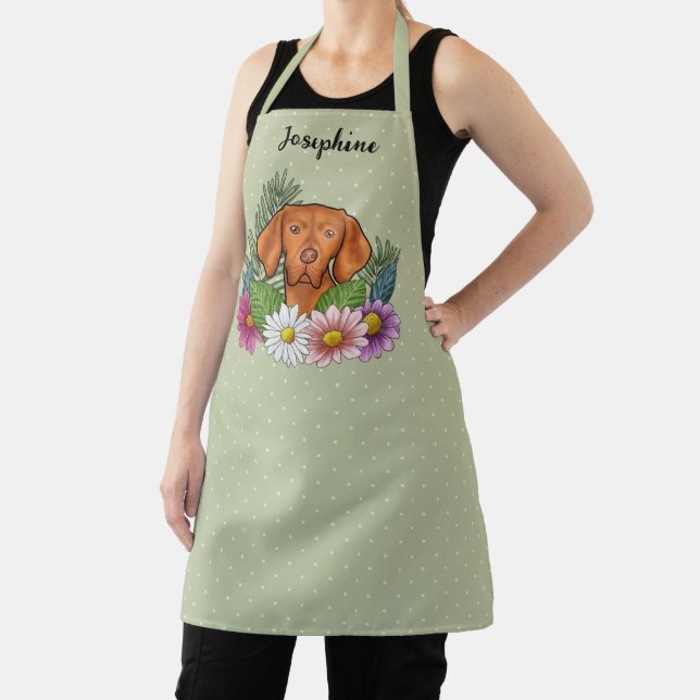 Hungarian Vizsla And Colourful Summer Flowers Gree Apron (Insitu)