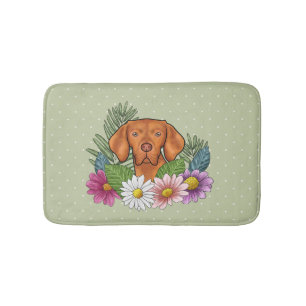 Hungarian Vizsla And Colourful Summer Flowers Gree Bath Mat