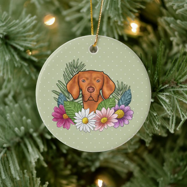 Hungarian Vizsla And Colourful Summer Flowers Gree Ceramic Tree Decoration (Tree)