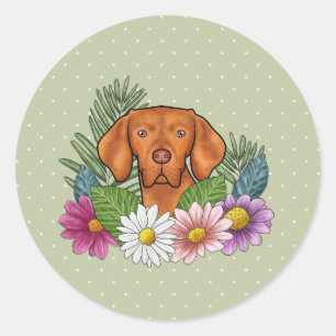 Hungarian Vizsla And Colourful Summer Flowers Gree Classic Round Sticker