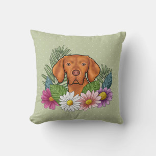 Hungarian Vizsla And Colourful Summer Flowers Gree Cushion
