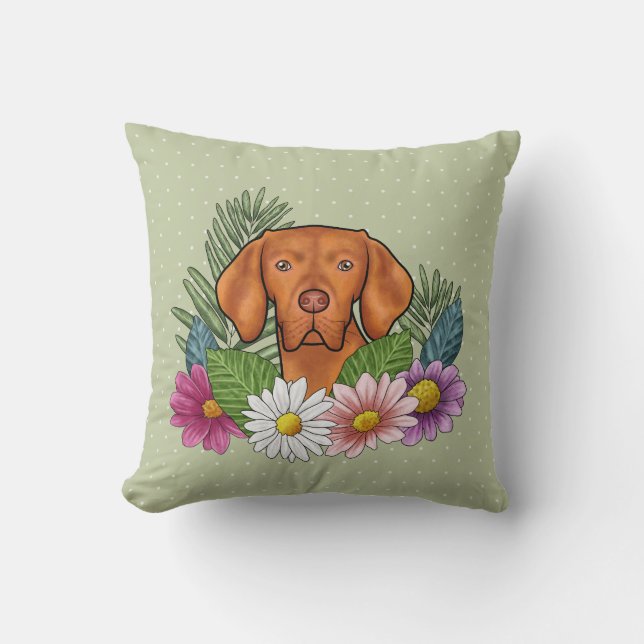 Hungarian Vizsla And Colourful Summer Flowers Gree Cushion (Front)