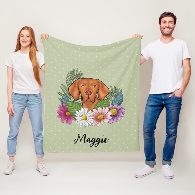 Hungarian Vizsla And Colourful Summer Flowers Gree Fleece Blanket (In Situ)