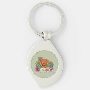 Hungarian Vizsla And Colourful Summer Flowers Gree Key Ring