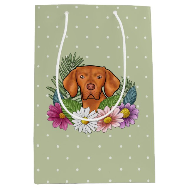 Hungarian Vizsla And Colourful Summer Flowers Gree Medium Gift Bag (Front)