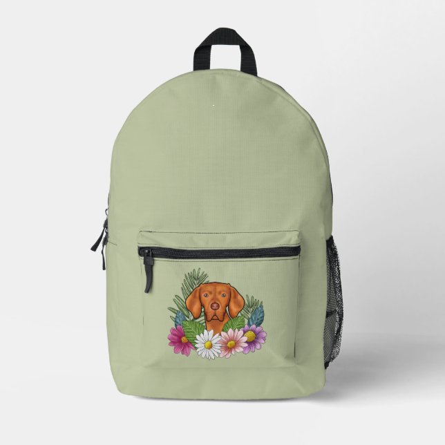 Hungarian Vizsla And Colourful Summer Flowers Gree Printed Backpack (Front)