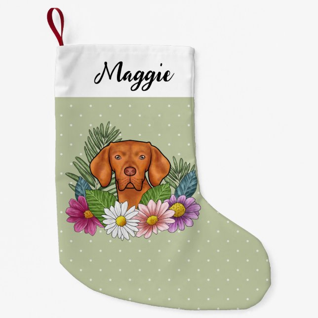 Hungarian Vizsla And Colourful Summer Flowers Gree Small Christmas Stocking (Front)