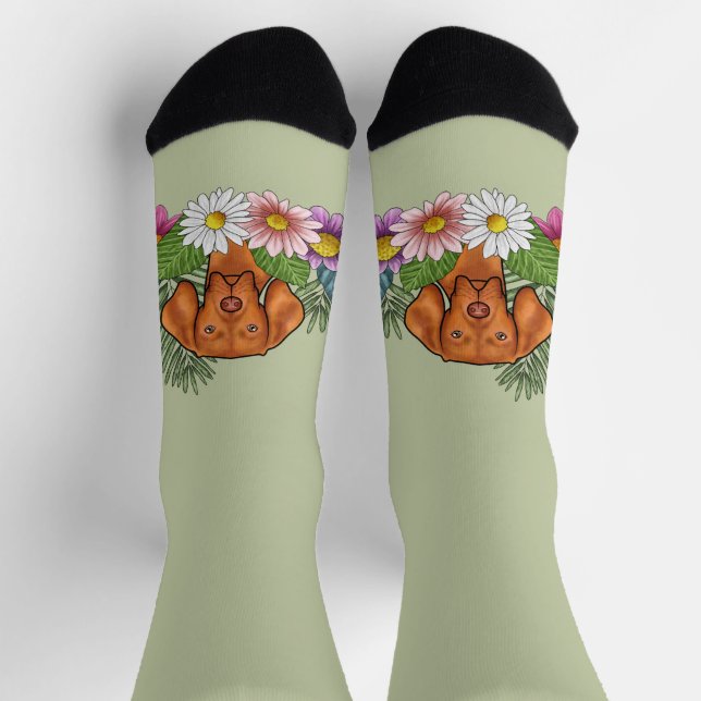 Hungarian Vizsla And Colourful Summer Flowers Gree Socks (Top)