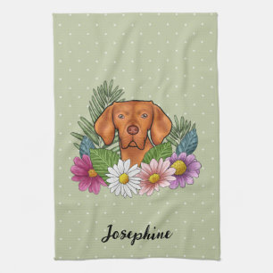 Hungarian Vizsla And Colourful Summer Flowers Gree Tea Towel