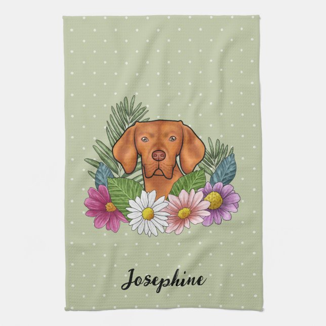 Hungarian Vizsla And Colourful Summer Flowers Gree Tea Towel (Vertical)