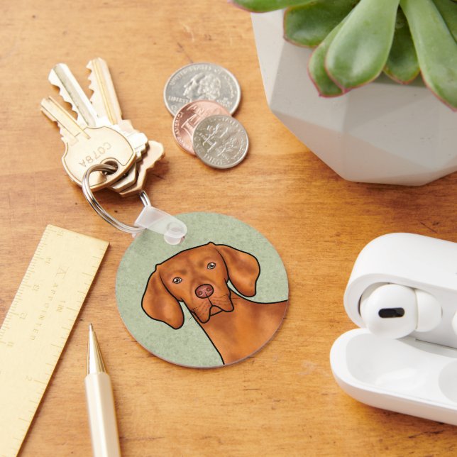 Hungarian Vizsla Cartoon Pointer Dog Head Green Key Ring (Desk)