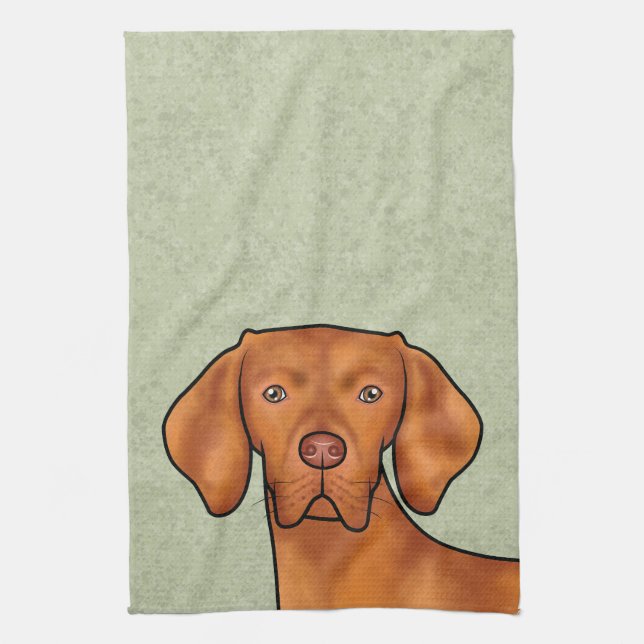 Hungarian Vizsla Cartoon Pointer Dog Head Green Tea Towel (Vertical)
