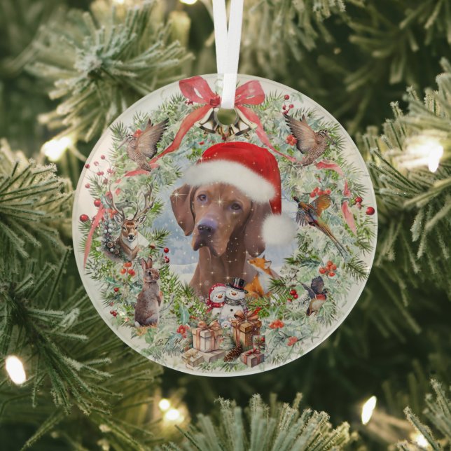 Hungarian Vizsla Christmas wreath Glass Tree Decoration (Insitu)