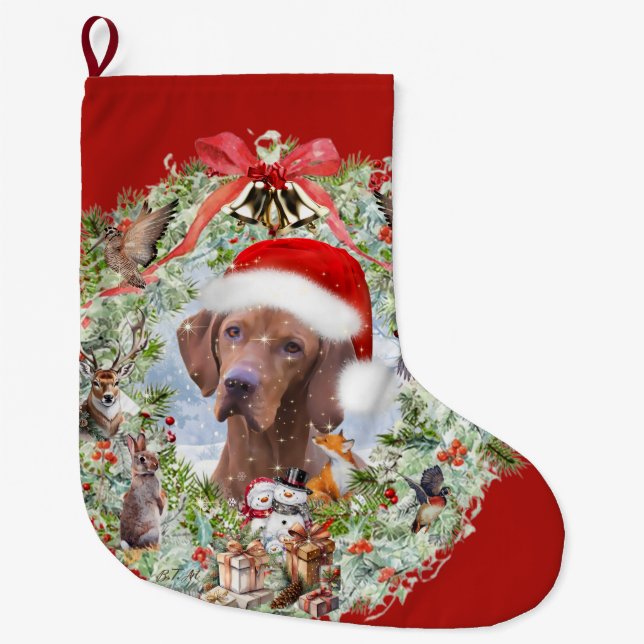 Hungarian Vizsla Christmas wreath Large Christmas Stocking (Front)