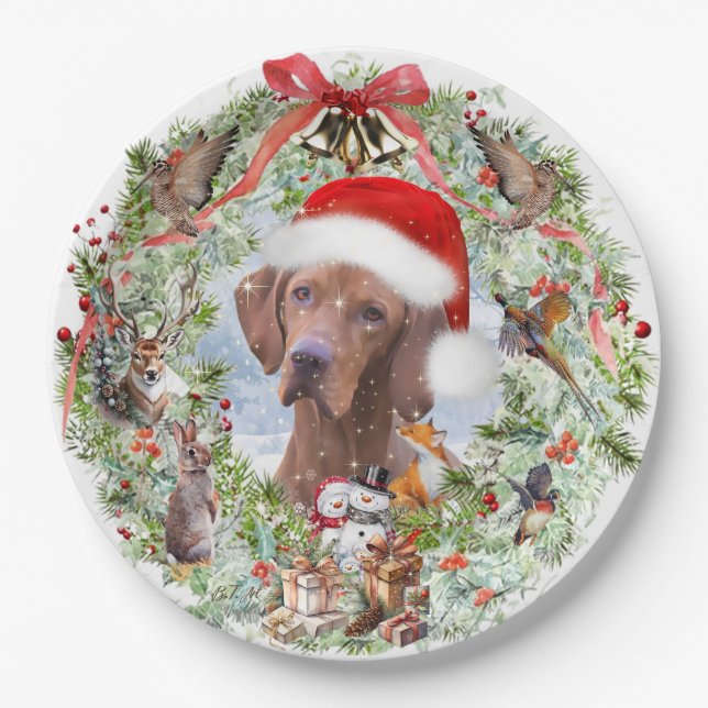 Hungarian Vizsla Christmas wreath Paper Plate (Front)