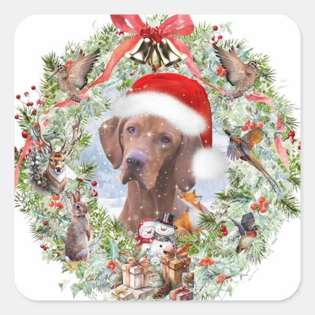 Hungarian Vizsla Christmas wreath Square Sticker (Front)