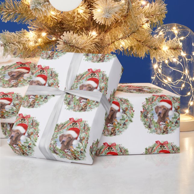 Hungarian Vizsla Christmas wreath Wrapping Paper (Holidays)