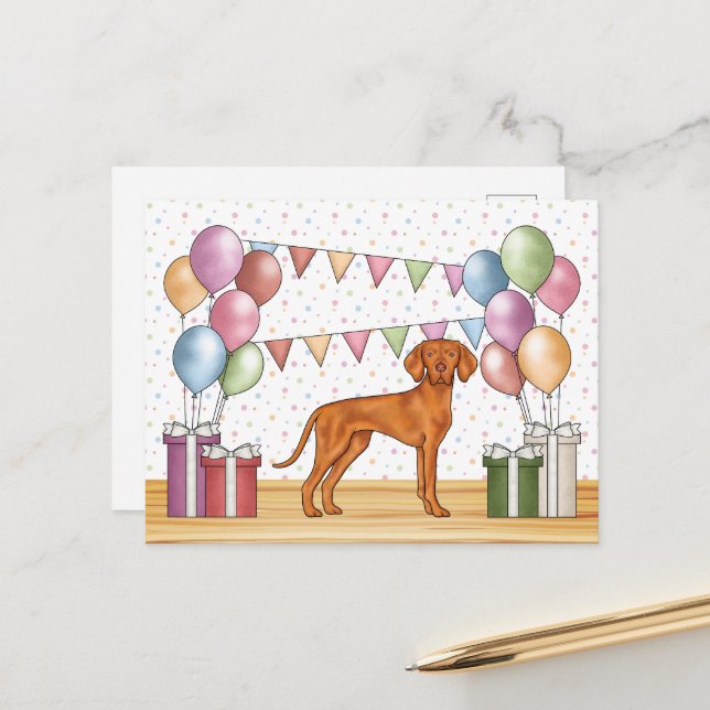 Hungarian Vizsla Cute Dog Pastel Happy Birthday Postcard (Front/Back In Situ)