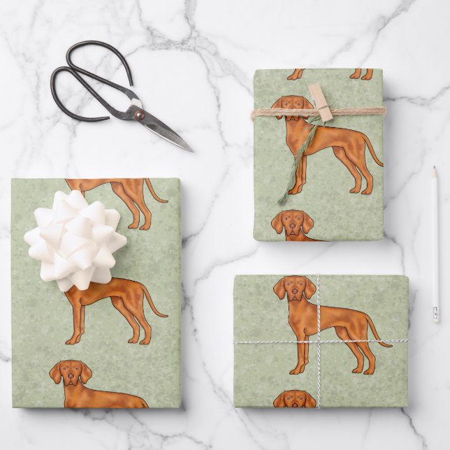 Hungarian Vizsla Cute Pointer Dog Pattern Green Wrapping Paper Sheet (Front)