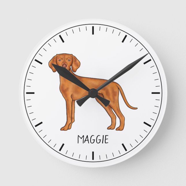 Hungarian Vizsla Cute Pointer Dog With Custom Name Round Clock (Front)
