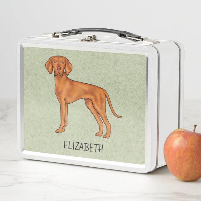 Hungarian Vizsla Cute Pointer Dog With Name Green Metal Lunch Box (In Situ)