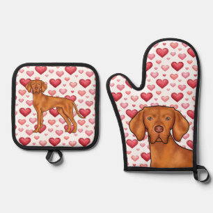 Hungarian Vizsla Dog Love Red Pink Hearts Pattern Oven Mitt & Pot Holder Set