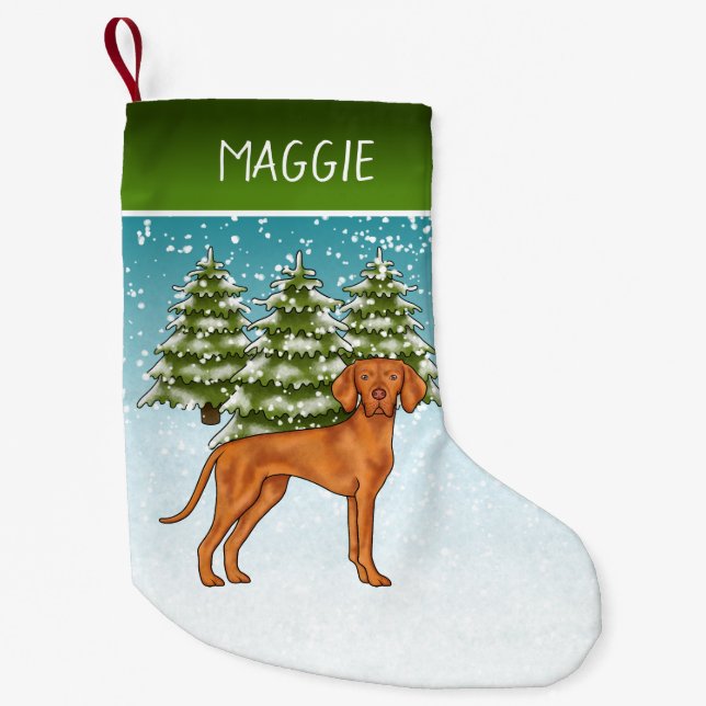 Hungarian Vizsla Dog Snowy Winter Forest And Name Small Christmas Stocking (Front)