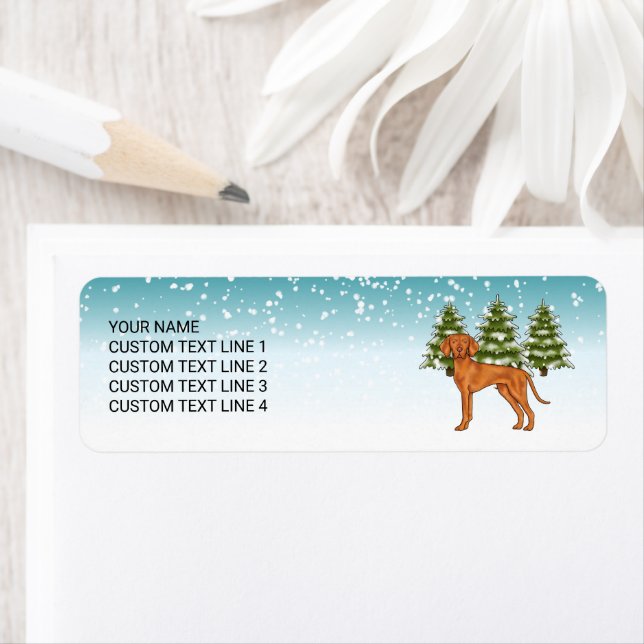 Hungarian Vizsla Dog Snowy Winter Forest And Text (Insitu)