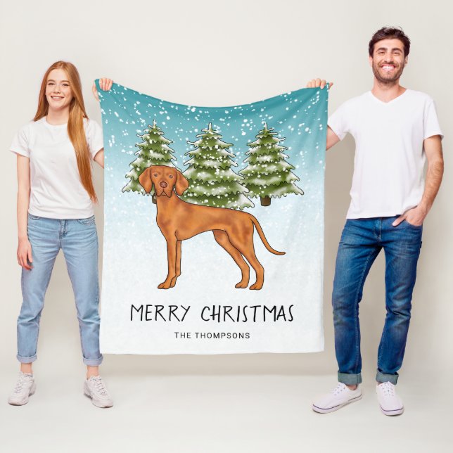 Hungarian Vizsla Dog Snowy Winter Forest And Text Fleece Blanket (In Situ)