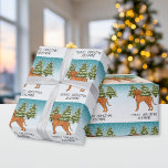 Hungarian Vizsla Dog Snowy Winter Forest And Text Wrapping Paper<br><div class="desc">Destei's original cartoon illustration of a cute Hungarian Vizsla breed dog. The dog is placed in a winter scene with three green fir trees. The background is a blue to white gradient giving the design that cold winter day look. There is a personalizable text area that now reads: "Merry Christmas!"...</div>