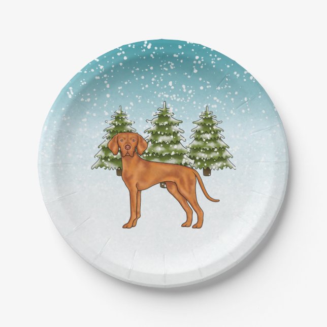 Hungarian Vizsla Dog Snowy Winter Forest Festive Paper Plate (Front)