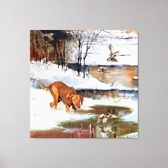 Hungarian Vizsla, hunting ducks in winter    Canvas Print (Front)
