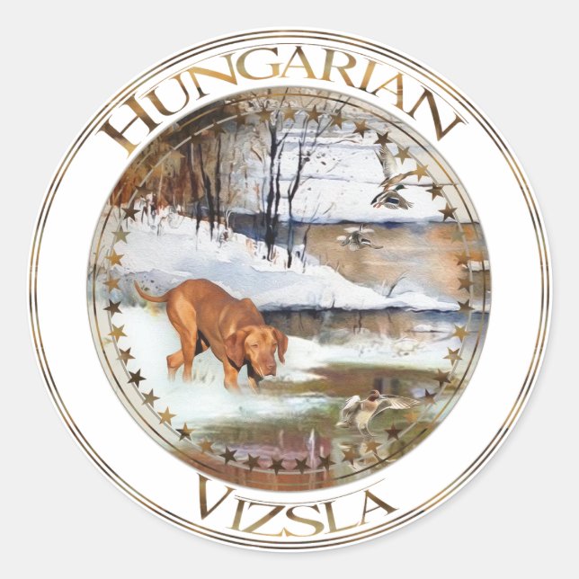Hungarian Vizsla, hunting ducks in winter      Classic Round Sticker (Front)